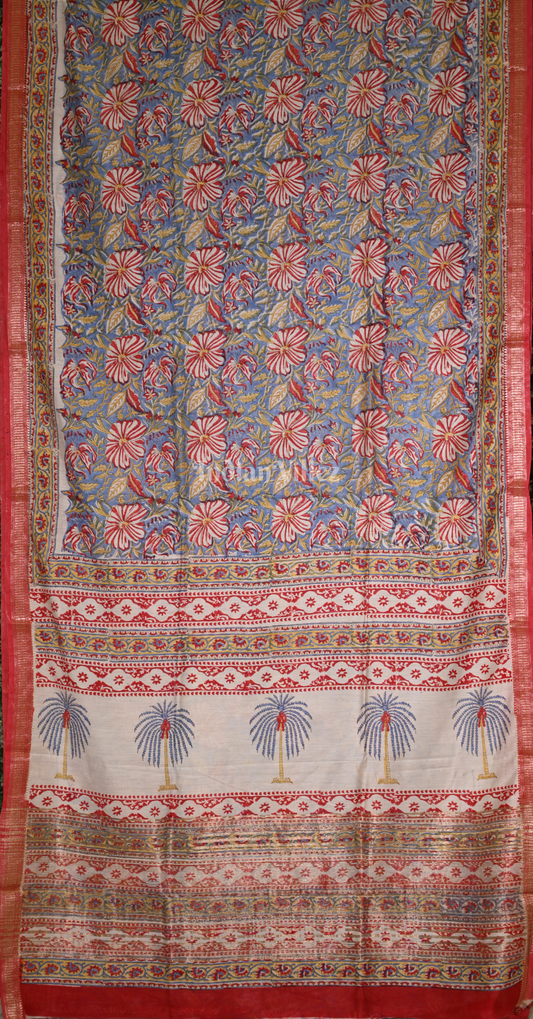  Blue with Multicolour Block Printed Sanganeri Cotton Saree