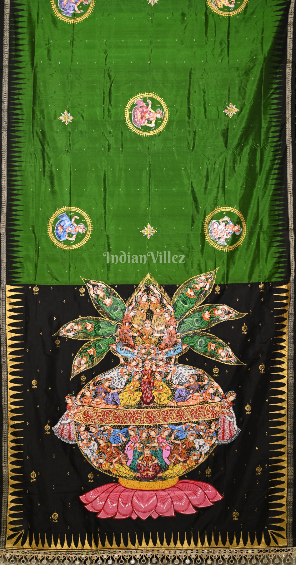 Green with Black Kandarpa Kalash Theme Hand-Painted Pattachitra Saree 