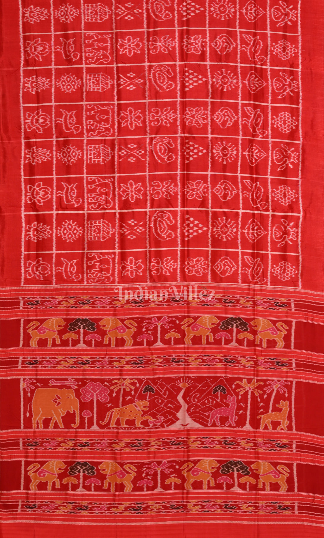 Red Nabakothi Odisha Ikat Contemporary Designer Silk Saree with Jungle Anchal