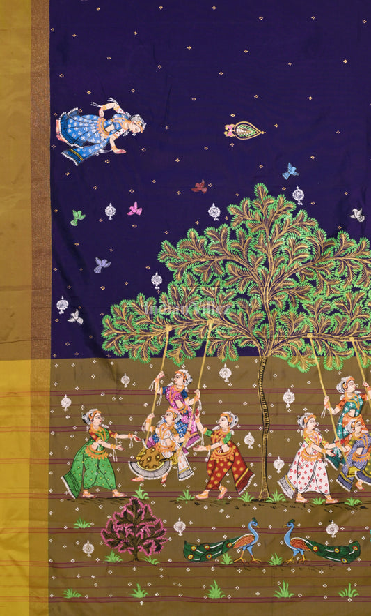 Blue Brown Raja Doli Theme Hand-Painted Pattachitra Saree