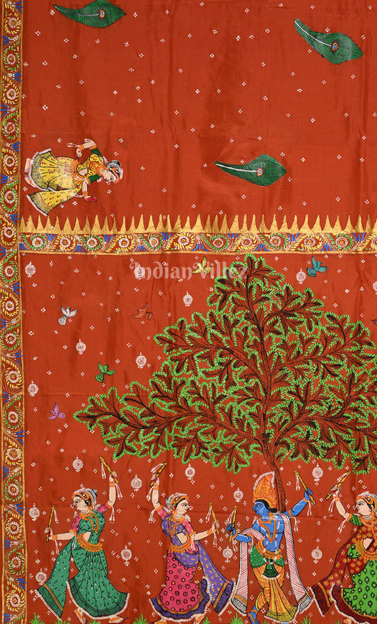 Orange Radha Krishna Raas Leela Hand-Painted Pattachitra Saree