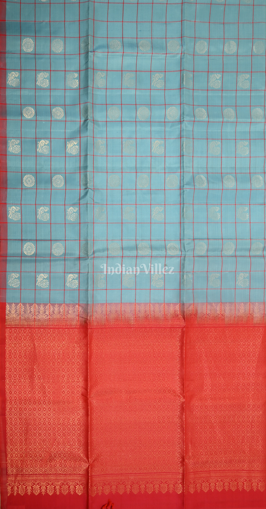 Sky Blue Red Checks Pure Kanjivaram Soft Silk Saree