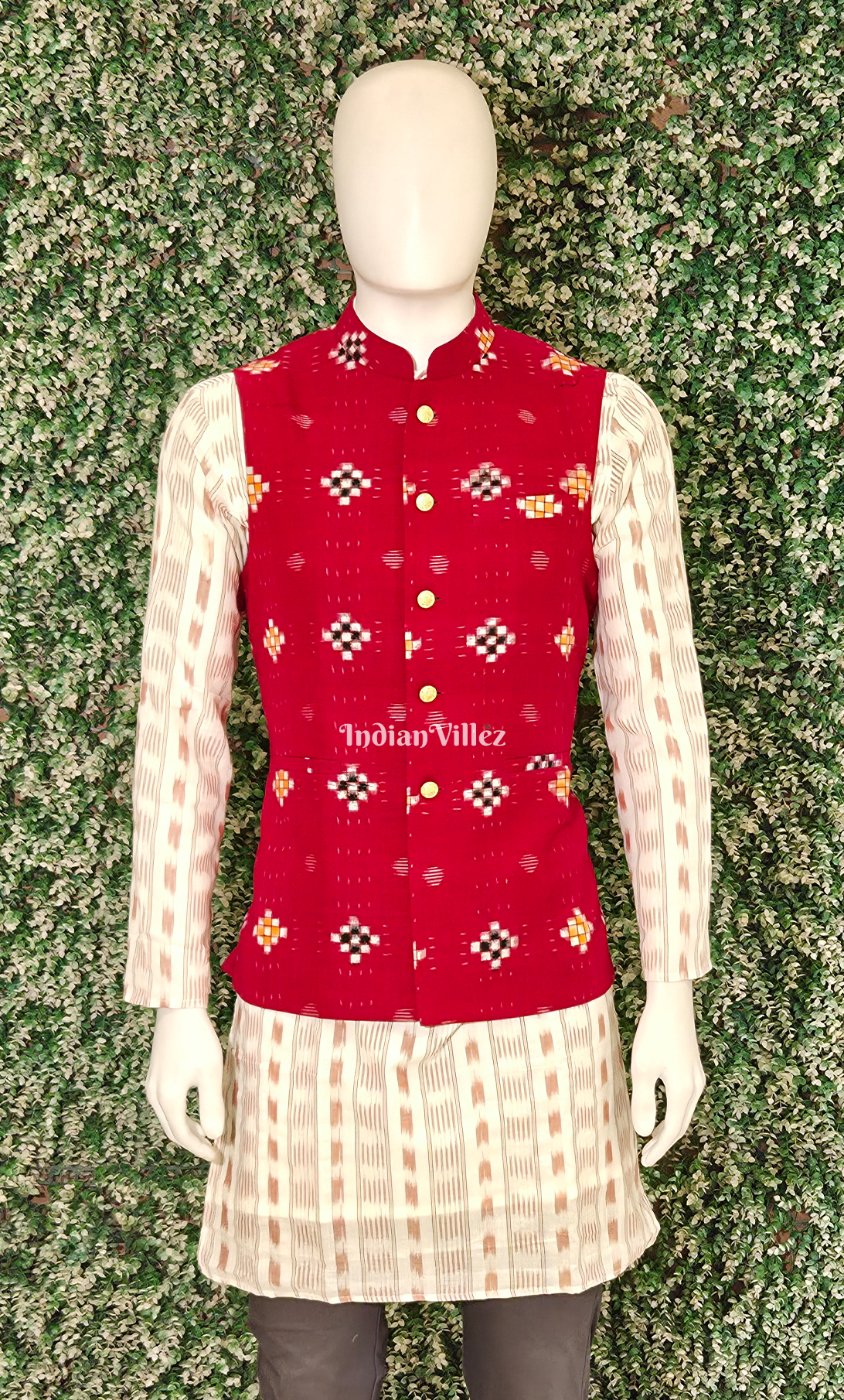 Red Pasapali Odisha Ikat Half Bandi Jacket for Men