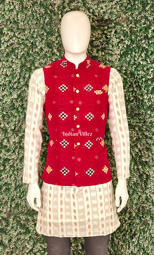 Red Pasapali Odisha Ikat Half Bandi Jacket for Men