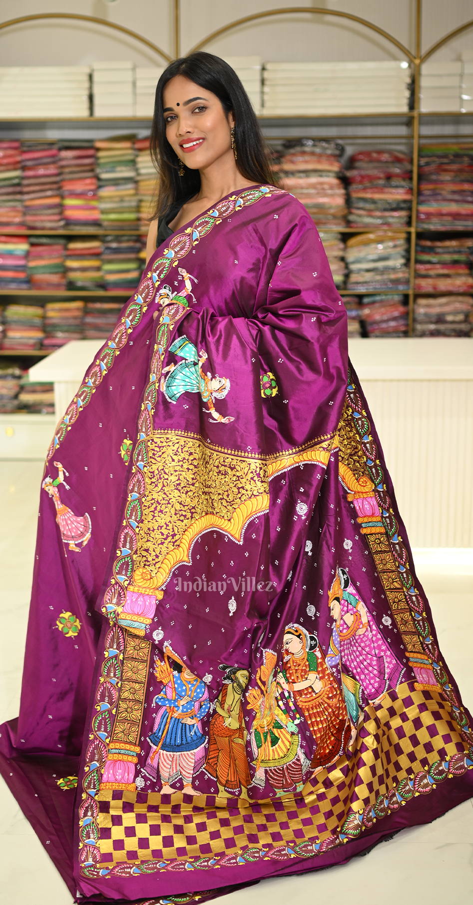 Purple Ram Sita Vivah Theme Hand-Painted Pattachitra Saree