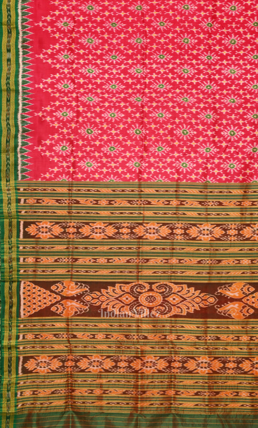 Rani Pink Green Tribal Theme Odisha Ikat Khandua Silk Saree 