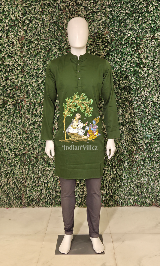 Mehendi Green Washing Sudama Feet Hand-Painted Pattachitra Kurta 