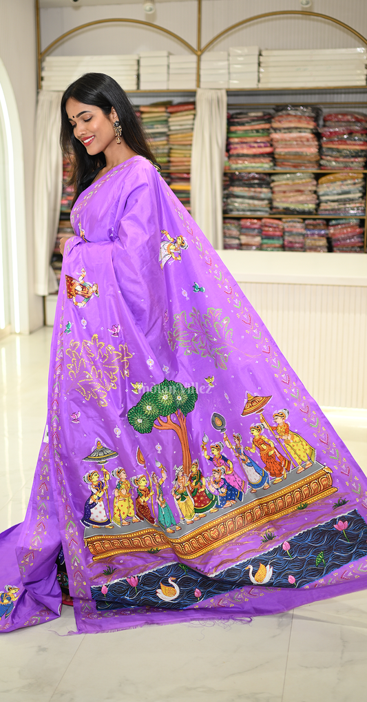 Lavendar Raas Leela Hand-painted Pattachitra Saree