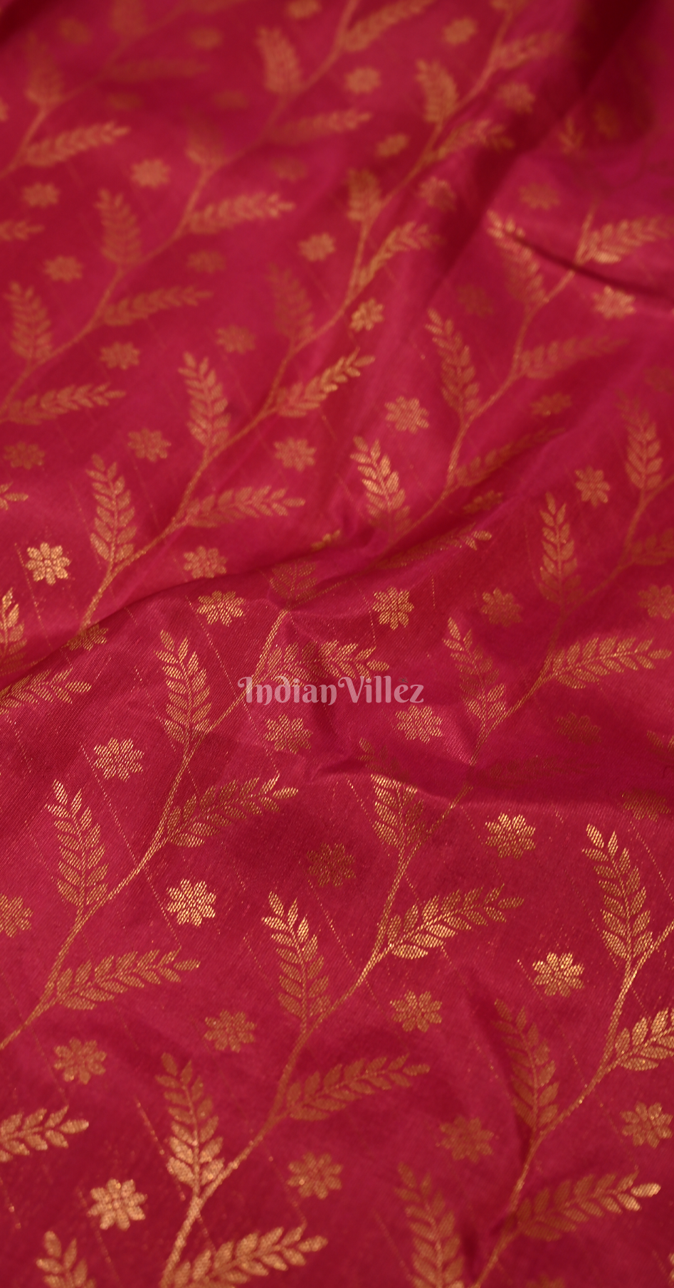 Exclusive Rani Pink Golden  Leaf Motif Brocade Pure Kanjivaram Silk Saree 