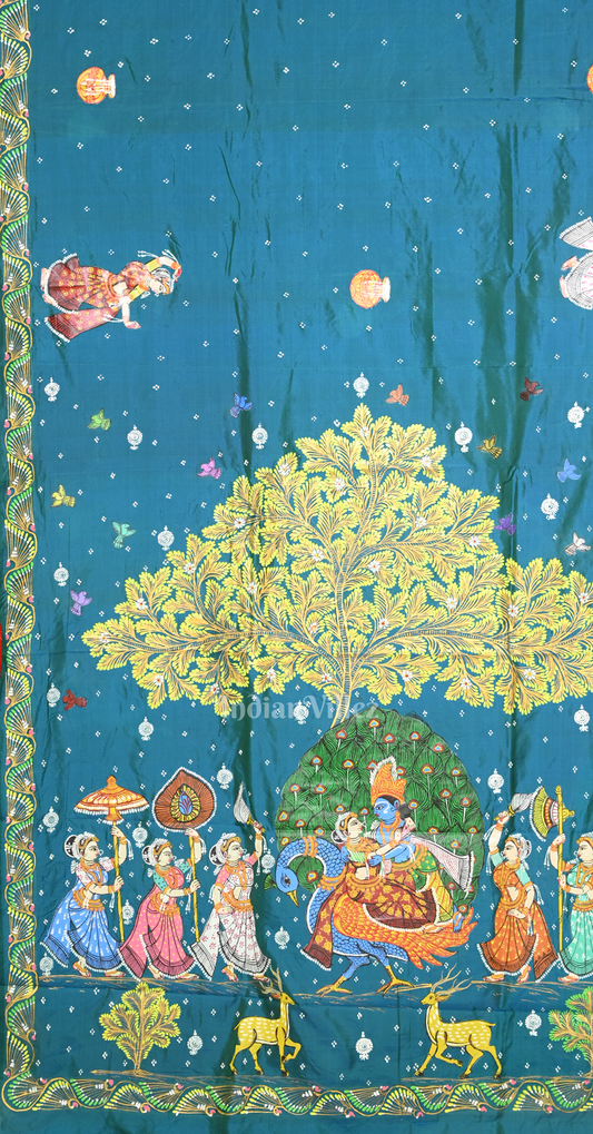 Red Peacock Blue (Mayur) & Nartaki Theme Dual Tone Hand-Painted Pattachitra Saree 

