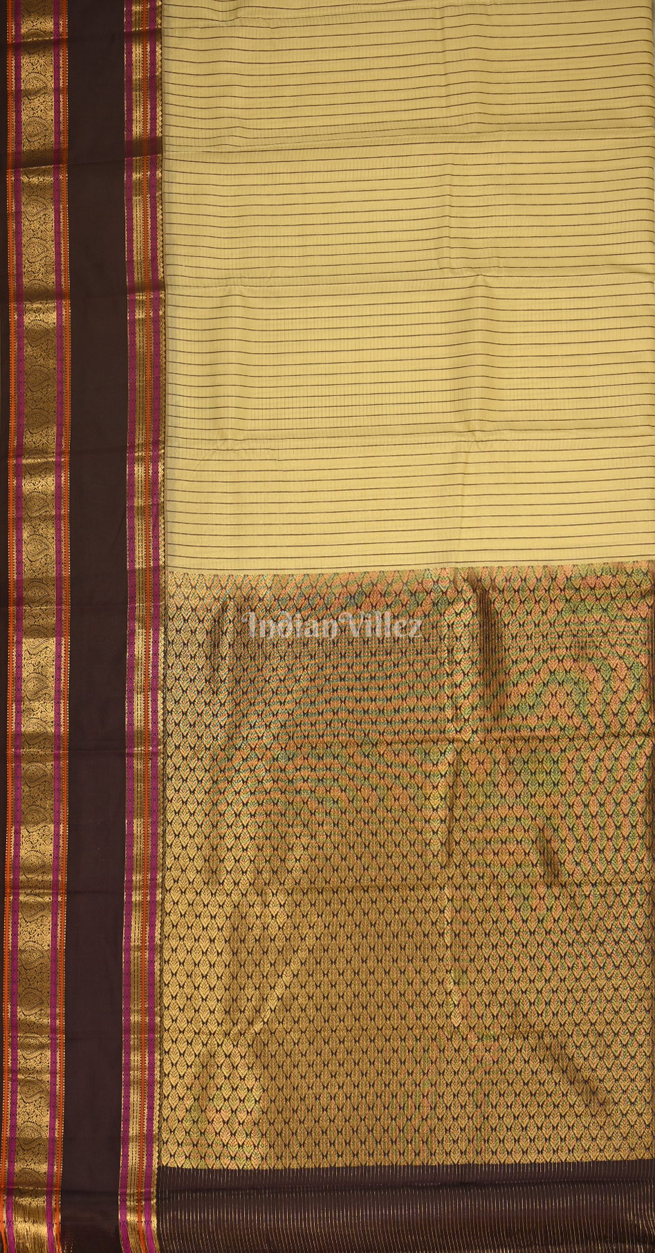 Cream Black Stripped Design Pure Gadwal Silk Saree
