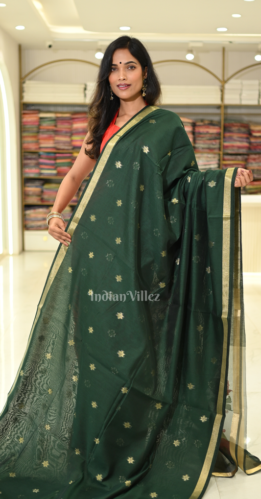 Bottle Green Linen Saree with Red Floral Pallu