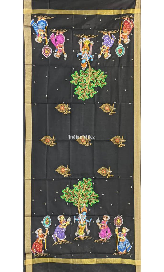 Black Krishna Pattachitra Art on Chanderi Silk Dupatta