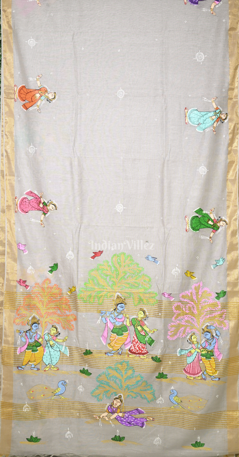 Grey Krishna Raas Leela Hand-Painted Pattachitra Saree