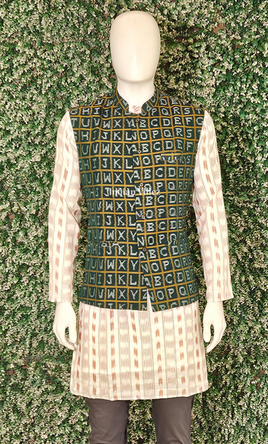 Green English Alphabet Theme Odisha Ikat Half Bandi Jacket for Men 