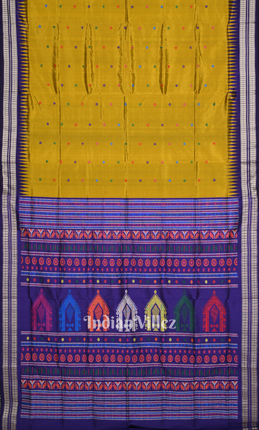 Mustard Yellow Blue Dolabedi Bomkai Sambalpuri Ikat Silk Saree