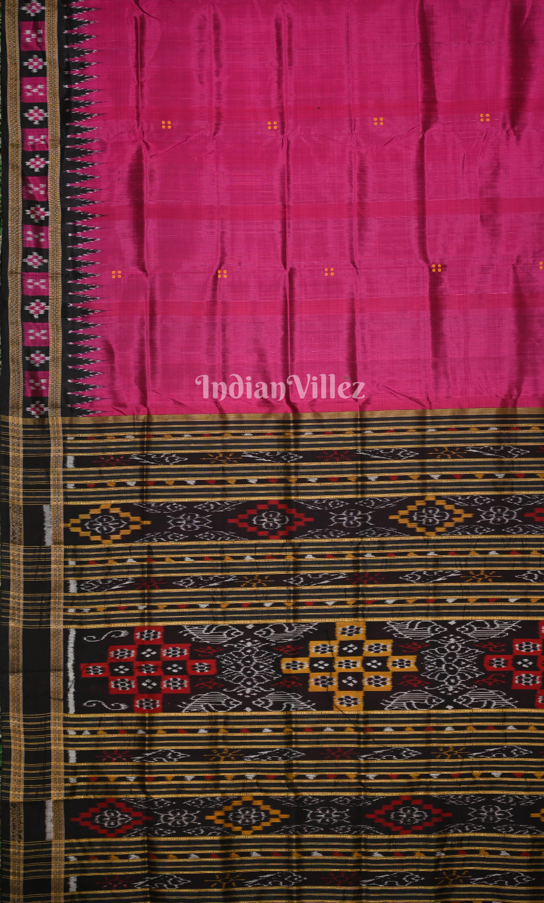 Magenta Pink Black Buti Design Odisha Ikat Khandua Silk Saree with Pasapali Border