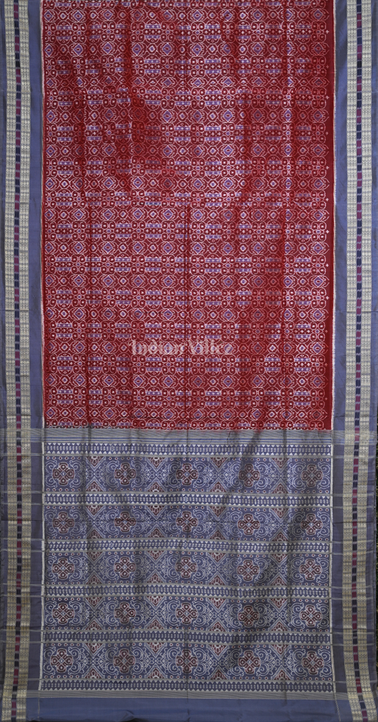 Maroon Blue Telia Rumal Odisha Ikat Sambalpuri Silk Saree with Double Blouse Piece