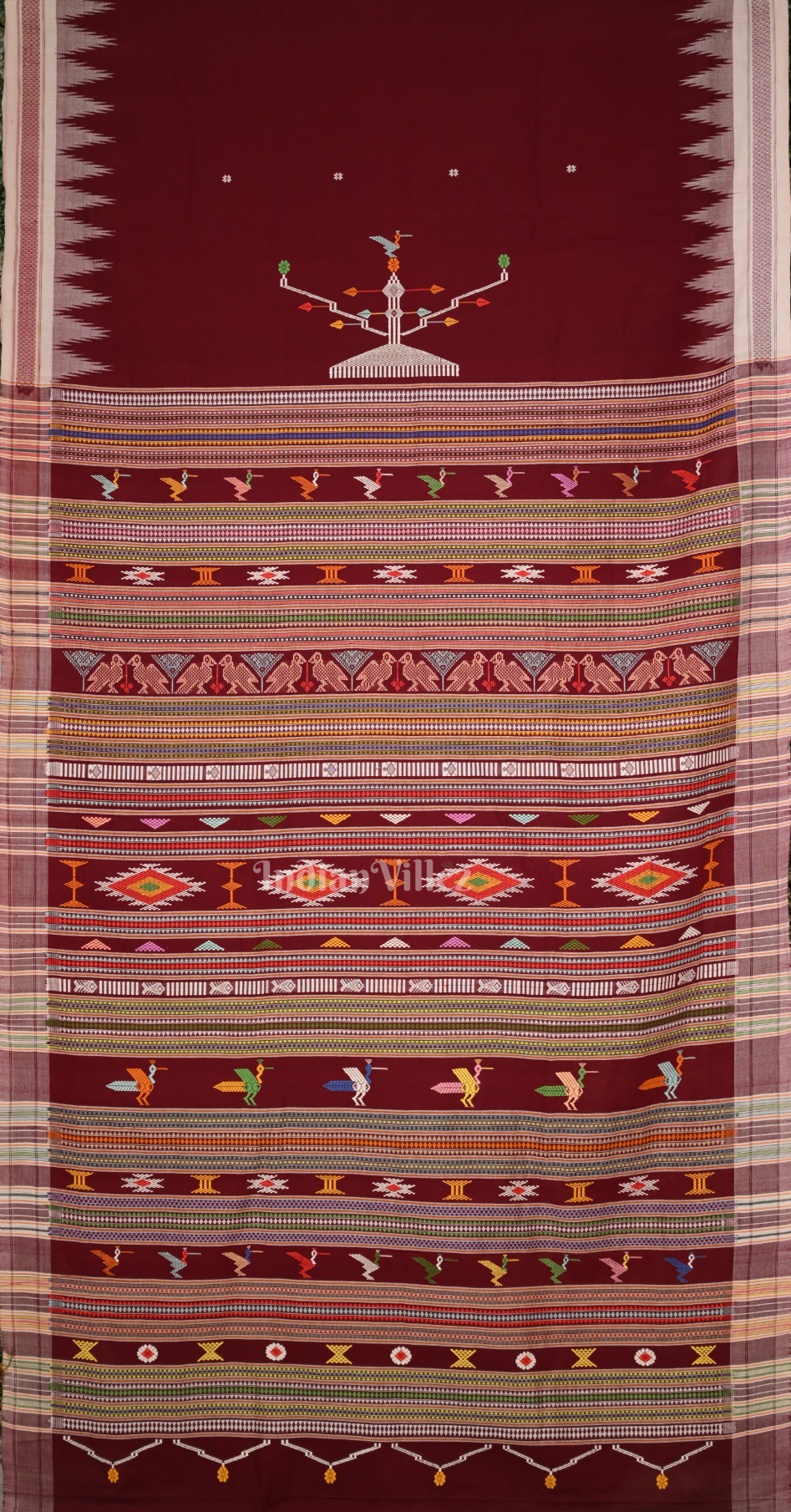 Maroon White Border Ganjam Bomkai Cotton Saree 