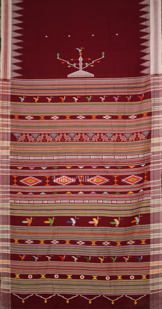 Maroon White Border Ganjam Bomkai Cotton Saree 