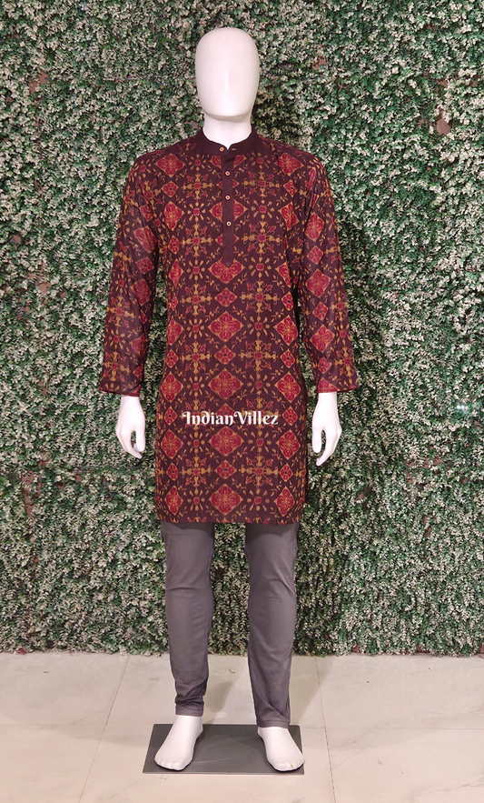 Coffee Red Tribal Theme Odisha Ikat Cotton Kurta for Men