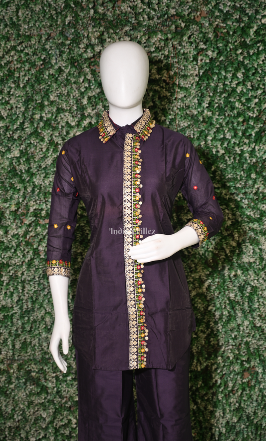 Purple Embroidered Kurta Set with Palazzo