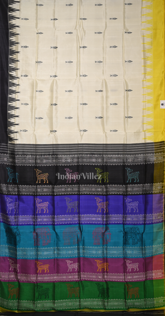 Off White with Black Fish Motif Double Pallu Berhampuri Silk Saree 