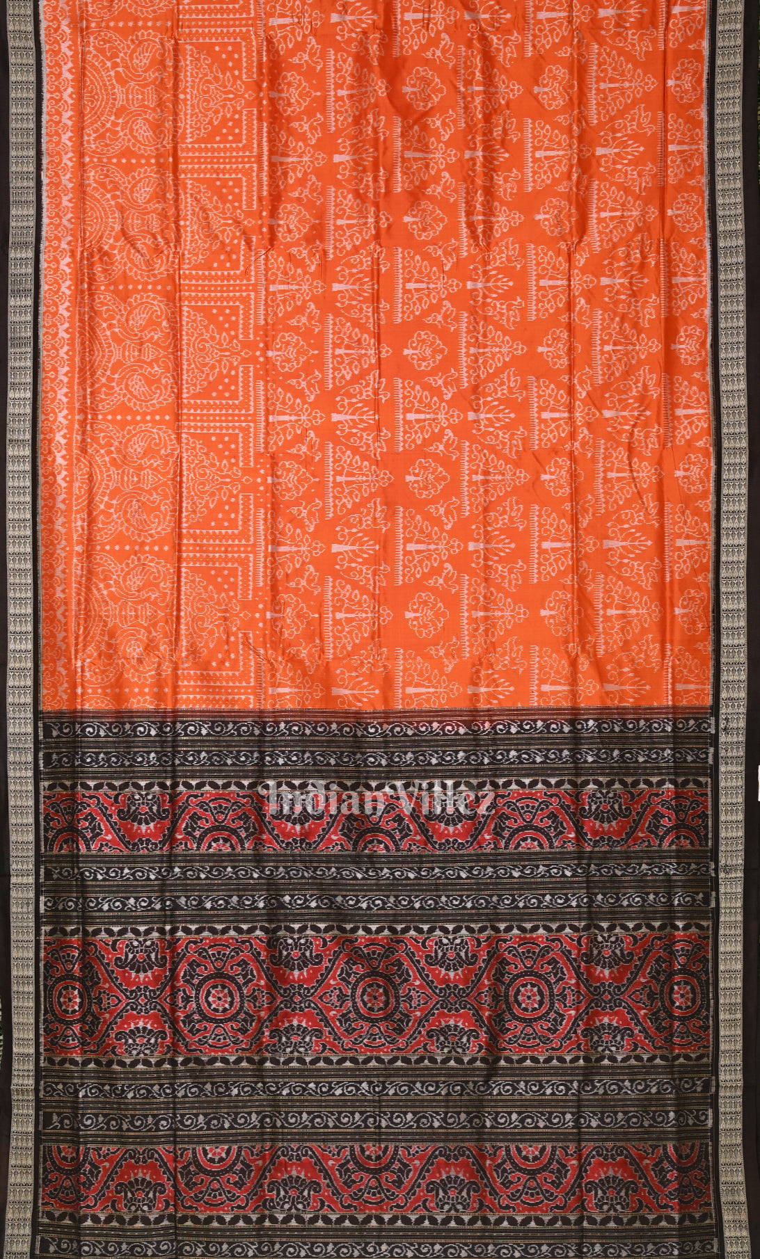 Orange Black Tribal Theme Odisha Ikat Sambalpuri Silk Saree 