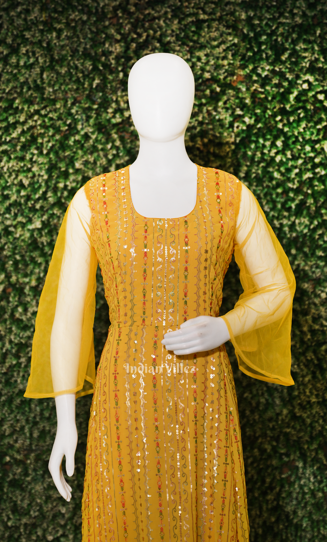 mustard yellow indian dress Party Wear Mustard Yellow Georgette Gown with Sequence & Embroidery Work