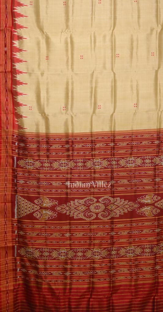Beige Red Buti Design Odisha Ikat Khandua Silk Saree 