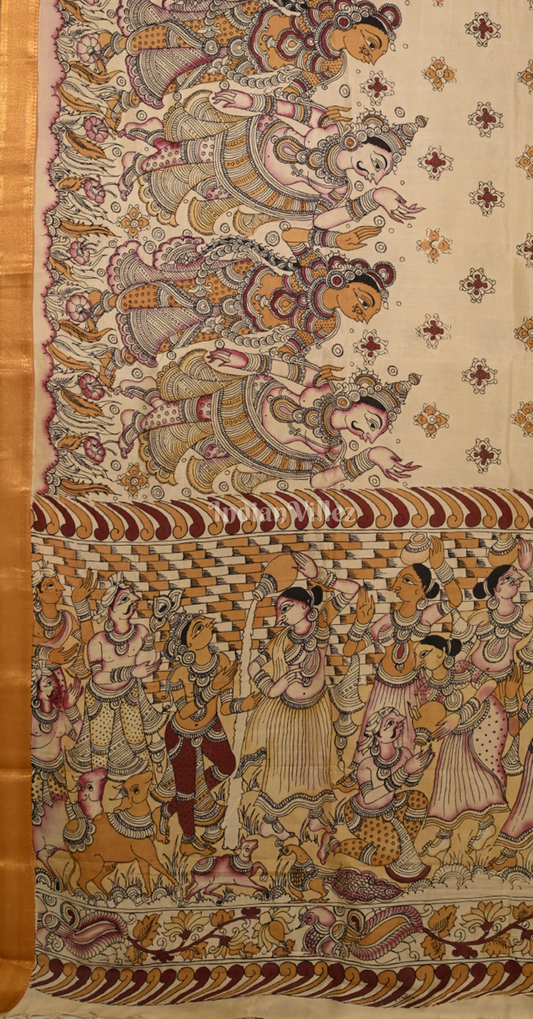 Beige Hand-Painted Natural Dye Cotton Kalamkari Saree