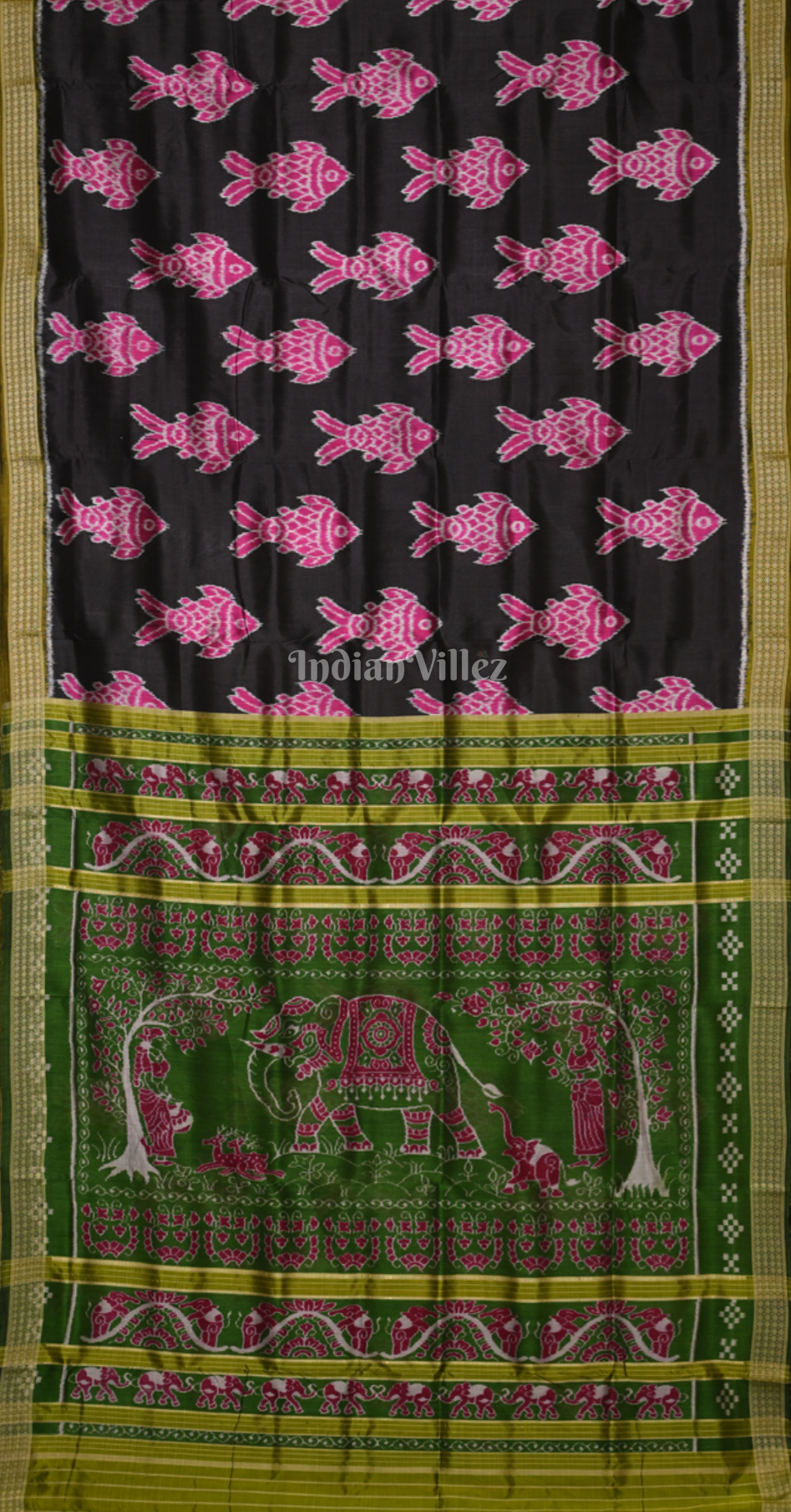 Black Green Fish Motif Odisha Ikat Sambalpuri Silk Saree