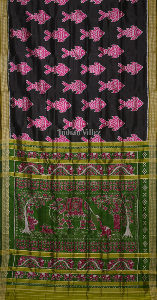 Black Green Fish Motif Odisha Ikat Sambalpuri Silk Saree