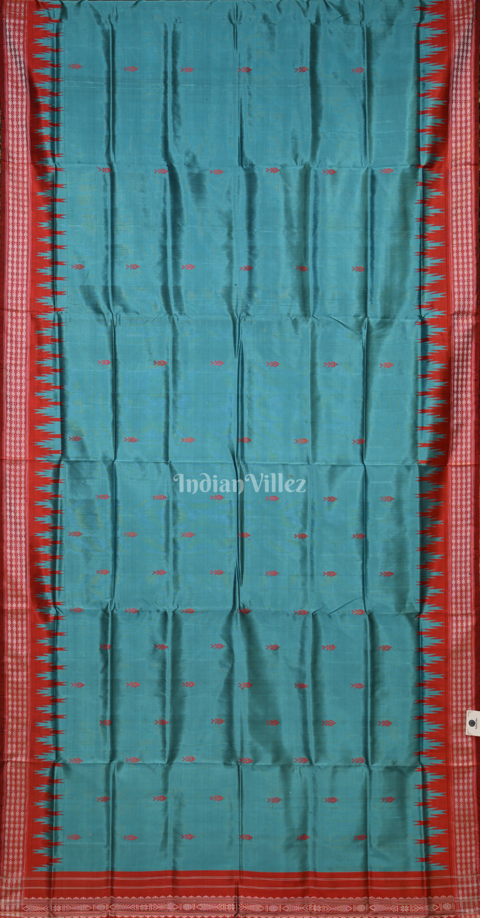 Turquoise Blue Red Fish Motif Double Pallu Berhampuri Silk Saree