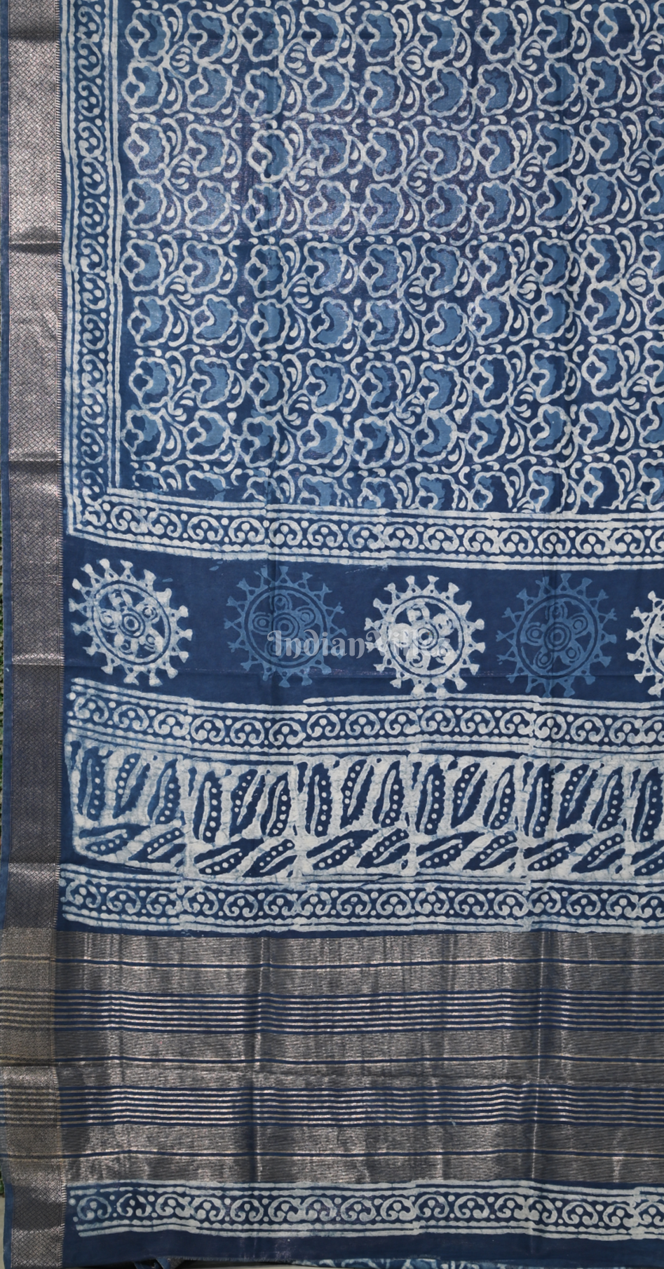 Blue Block Printed Dabu Cotton Saree 