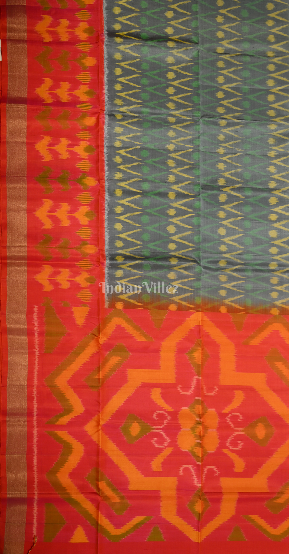 Grey Red Pochampally Ikat Silk Saree