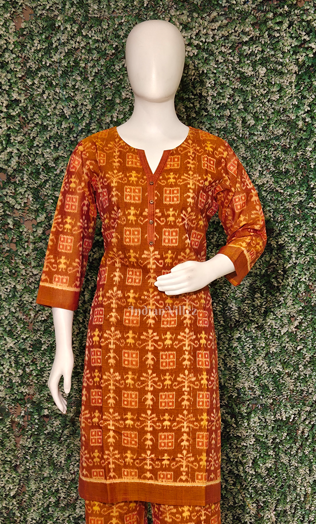 Rust Orange Tribal Motif Cotton Kurti Set with Pallazo