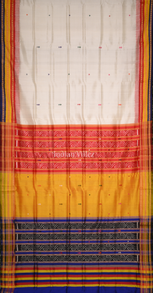 White with Blue Odisha Ikat Kathiphera Khandua Silk Saree 