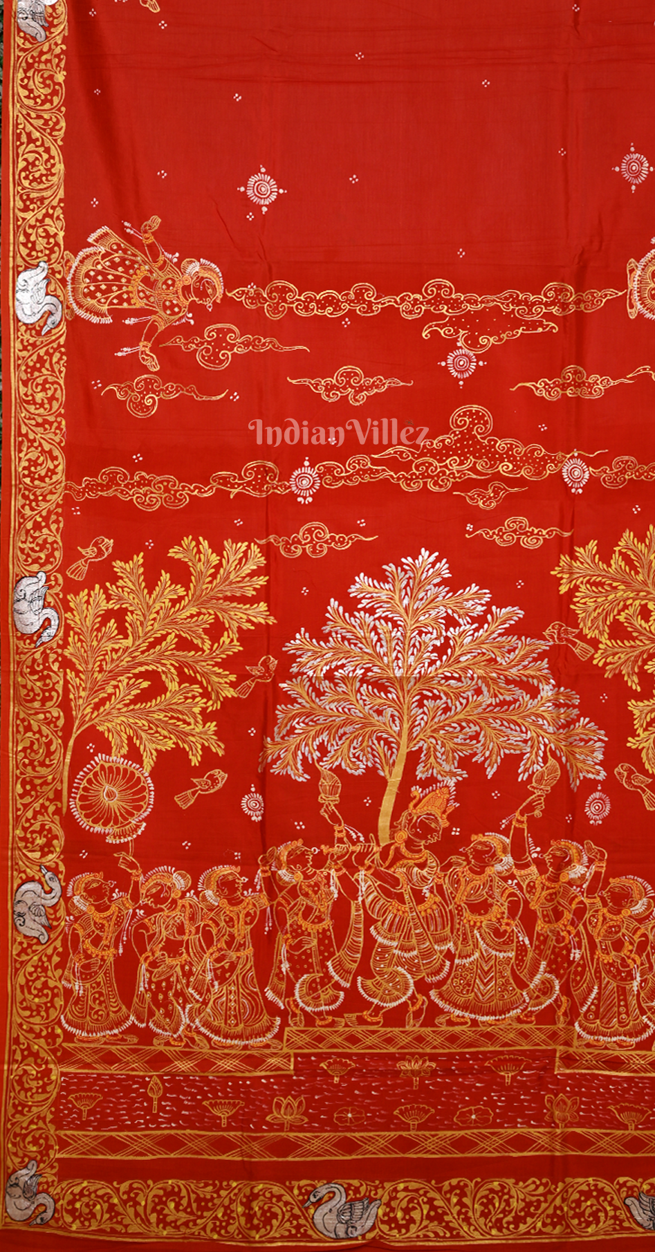 Red Radha Krishna Raas Leela Hand-Painted Pattachitra Saree 