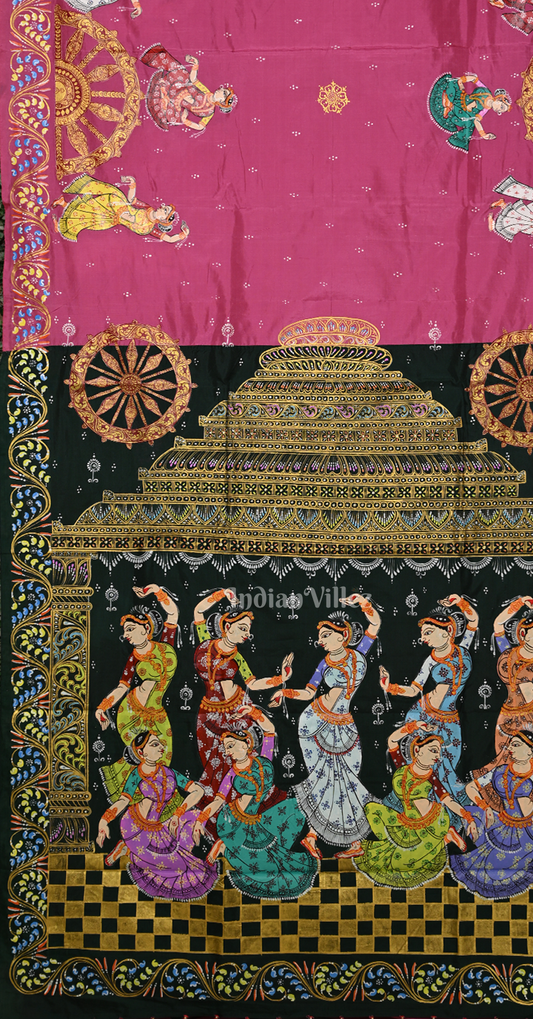  Rani Pink Bottle Green  Nartaki Konark Temple Hand-Painted Pattachitra Saree