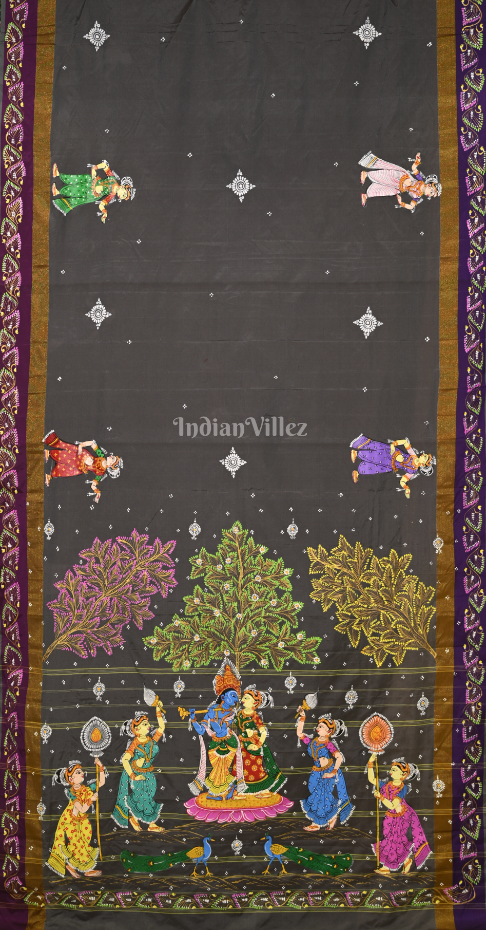 Grey Radha Krishna Raas Hand-Painted Pattachitra Saree 