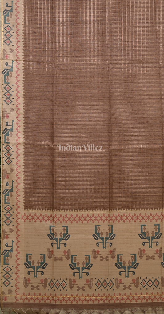 Light Brown Beige Tusasr Silk Saree with Embroidery Work