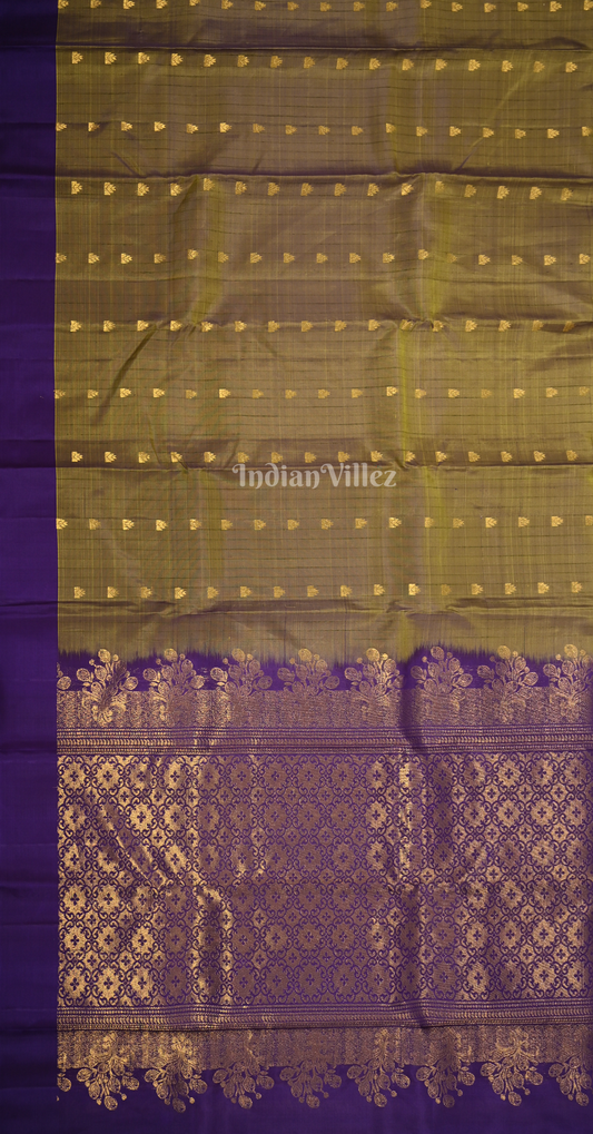 Olive Green Purple Buti Design Zari Pure Kanjivaram Soft Silk Saree 