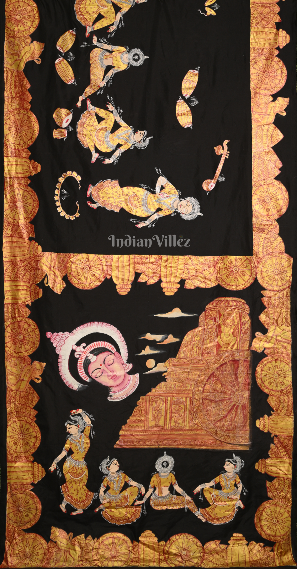 Black Golden Shree Mandir Odishi Theme Hand-Painted Pattachitra Saree 