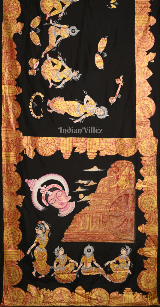 Black Golden Shree Mandir Odishi Theme Hand-Painted Pattachitra Saree 
