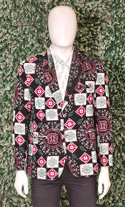Black with Multicolour Pasapali Odisha Ikat Men's Designer Blazer 