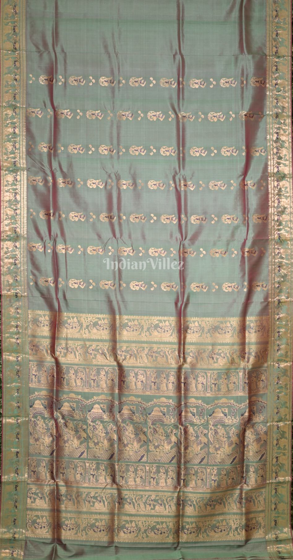 Sage Green Golden Handwoven Baluchari Silk Saree 