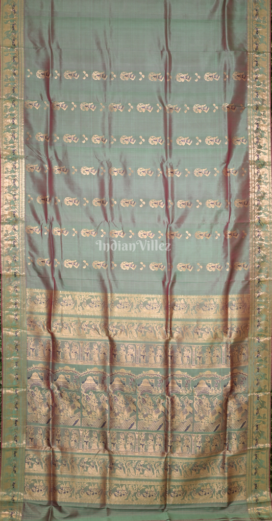Sage Green Golden Handwoven Baluchari Silk Saree 