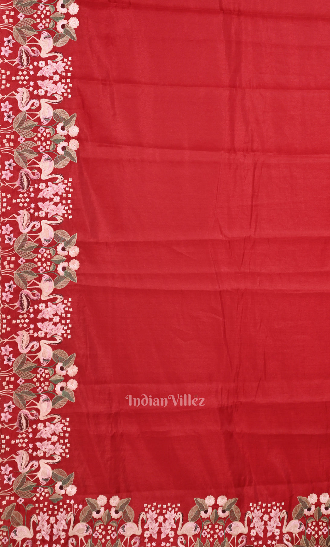 Red Tussar Silk Saree with Floral Hand Embroidery Border