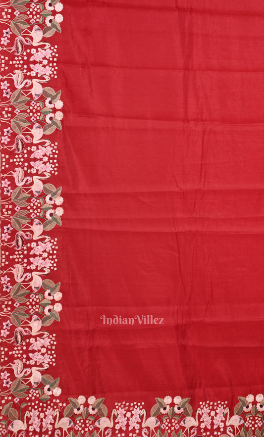 Red Tussar Silk Saree with Floral Hand Embroidery Border